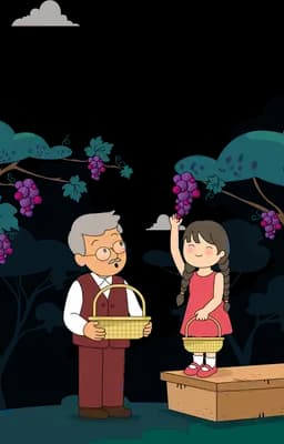 Girl on a crate reaching up to pick grapes while her grandfather holds the basket