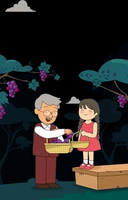 Grandfather and girl standing together with a basket full of purple grapes