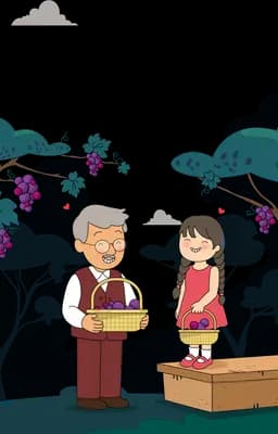 Grandfather and laughing girl carrying a grape basket between them in the vineyard