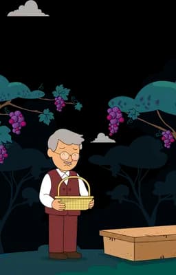 Grandfather standing alone holding a basket of grapes under the vines