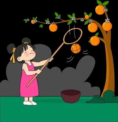 Girl catching an orange in her net from the branches of an orange tree