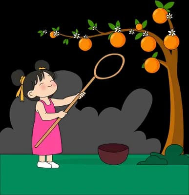 Girl stretching a long net up into an orange tree with an empty bowl below