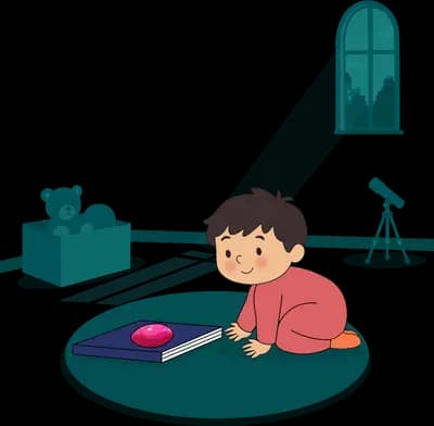 Boy sitting on a round rug drawing in an open book under a lamp beside a toy shelf