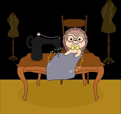 Seamstress at a wooden sewing table stitching a large grey garment
