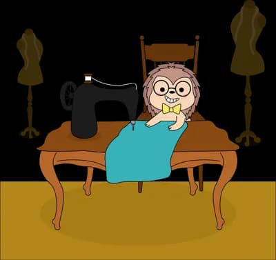Seamstress sewing a teal garment at her treadle sewing machine