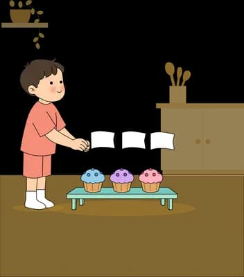 Masked boy setting blank price cards behind three cupcakes on a bench