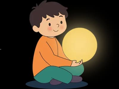 Boy sitting cross-legged cradling a large glowing yellow orb