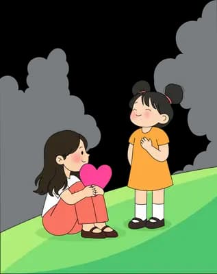 Girl sitting on green grass holding a pink heart while another girl stands beside her