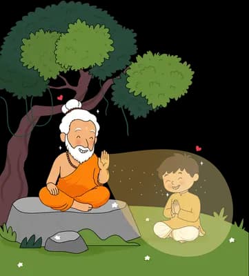 Sage in orange robes sitting cross-legged on a rock teaching a boy beside a waterfall