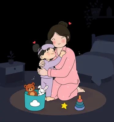 Woman hugging a small girl on the bedroom rug with hearts floating above them