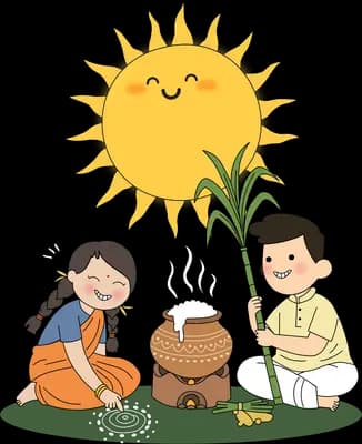 Man holding a sugarcane stalk beside a woman drawing a kolam and a pongal pot on a stove under a smiling sun