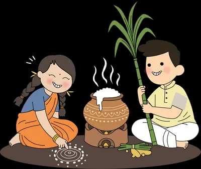 Man carrying sugarcane while a woman kneels drawing a kolam beside a boiling pongal pot