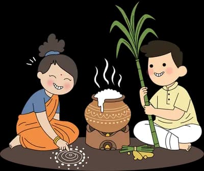 Man holding a sugarcane stalk beside a clay pongal pot while a woman draws a kolam on the ground