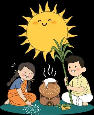 Pongal pot boiling on a stove between a woman drawing a kolam and a man with sugarcane under a smiling sun