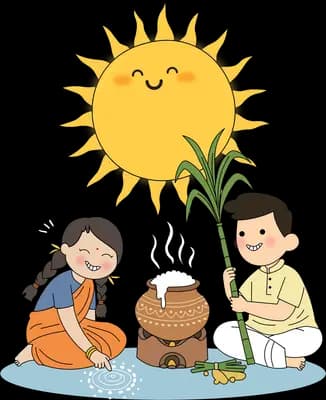 Man with sugarcane and woman drawing a kolam beside a pongal pot under a smiling sun