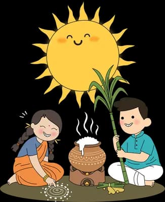 Man in a blue kurta holding sugarcane while a woman kneels at a kolam beside the pongal pot