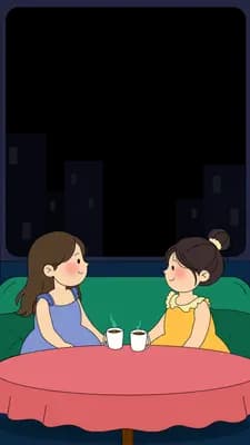 Two girls talking over drinks at a round table in front of a window with a city skyline