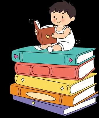 Boy sitting on top of a tall stack of coloured books reading one of them