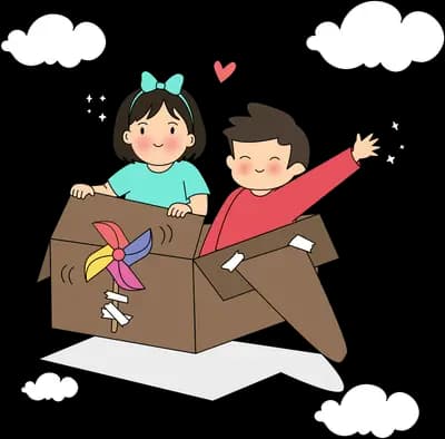 Two children flying a cardboard box like an aeroplane among white clouds
