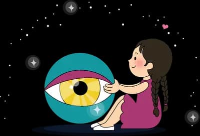 Girl in a magenta dress sitting beside a giant evil eye nazar amulet