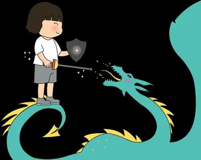 Girl holding a black shield and a sword standing among scattered yellow feathers beside a teal banner