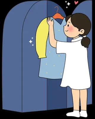Girl reaching into a blue wardrobe to pick out a hanging outfit