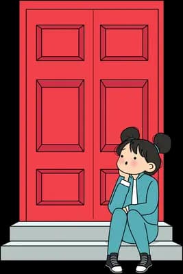 Girl hugging her knees on the steps outside a bright red front door