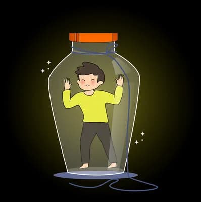 Boy in a yellow t-shirt flexing his arms while trapped inside a corked glass bottle
