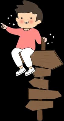 Boy in a red cape perched on a wooden signpost pointing the way ahead