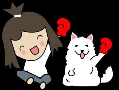 Girl beside a large white cat, both holding small red flags