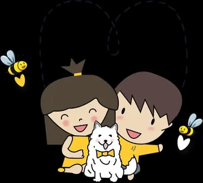 Two children and a cat under a heart-shaped arc of bees