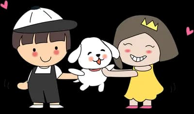 Boy and girl standing on either side of their dog