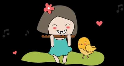 Girl sitting on grass singing with a duckling