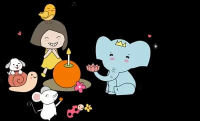 Children playing with an elephant and small animals