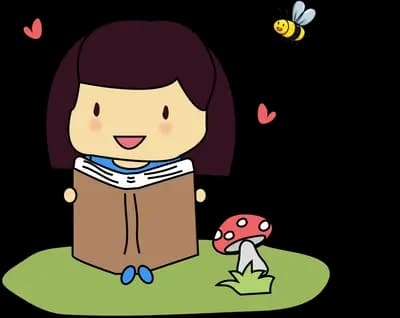 Girl reading a book on grass with a bee nearby