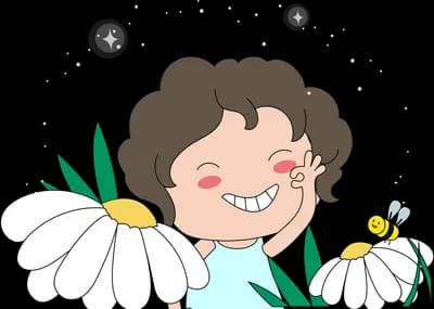 Smiling woman among large white daisies with a bee