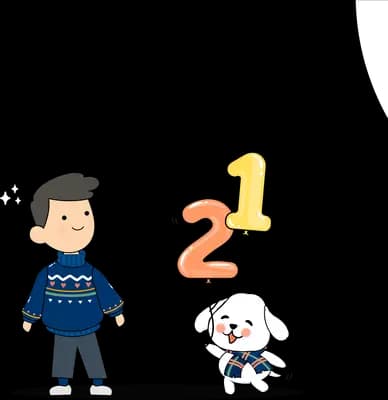 Man and dog beside number balloons reading 21
