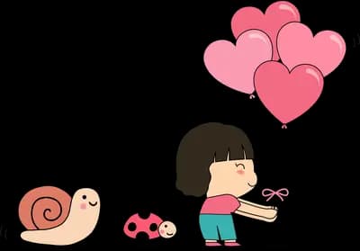 Girl carrying heart balloons toward a snail and ladybug
