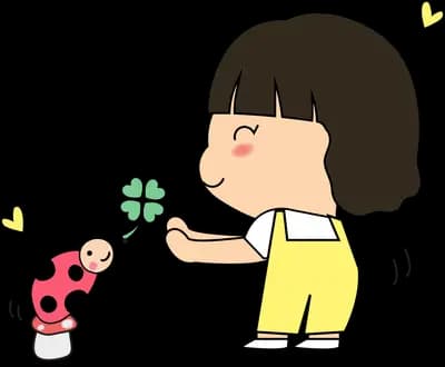 Girl bending to greet a ladybug on a tiny plant