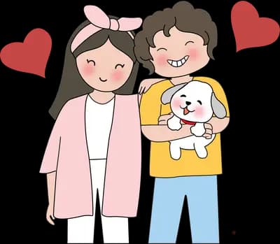 Family posing together with their dog and hearts