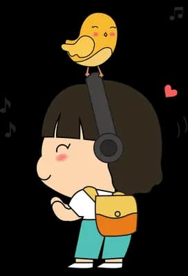 Girl listening to a singing bird with music notes