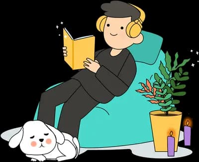 Man reading in a green armchair with his dog