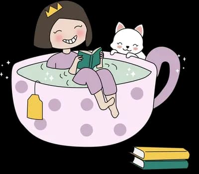 Girl and cat sitting inside a giant polka dot teacup