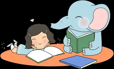 Girl and elephant reading books together on a mat