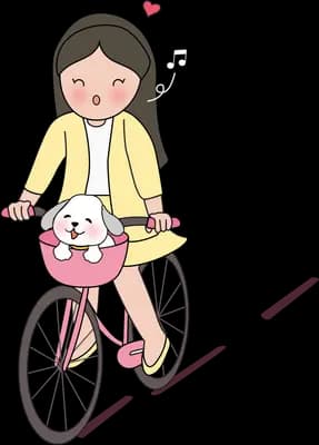 Girl cycling with a cat in the front basket