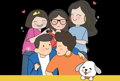 Large family group posing together with their dog
