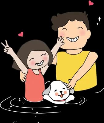 Family posing together with a small dog and hearts