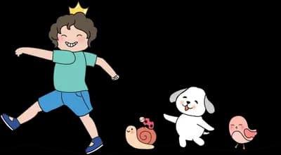 Boy in a crown running with small dogs and birds
