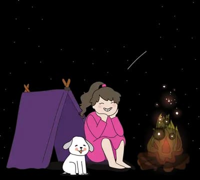 Girl camping in a purple tent with her dog