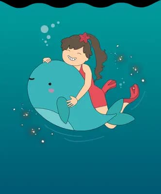 Girl riding a dolphin in a teal sea with orbs